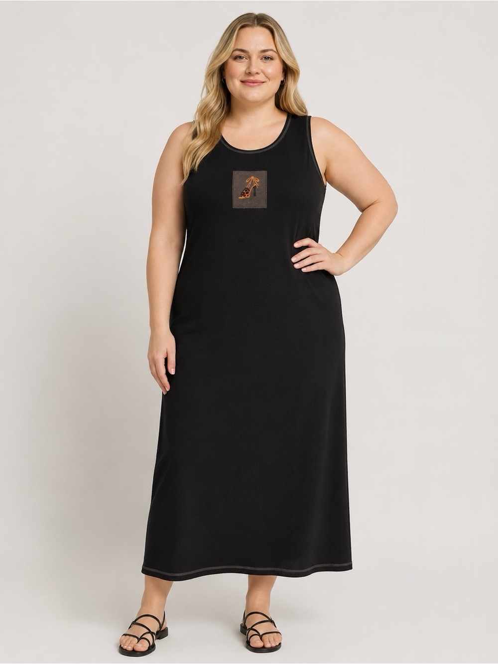 Vintage CITE Ladies Black Long Midi Maxi Shift Dress XL 16 Patchwork sleeveless